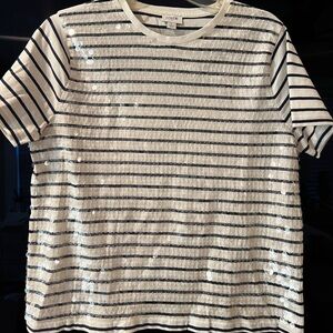 J. Crew Sequin Embellished Striped Tee in White and Navy